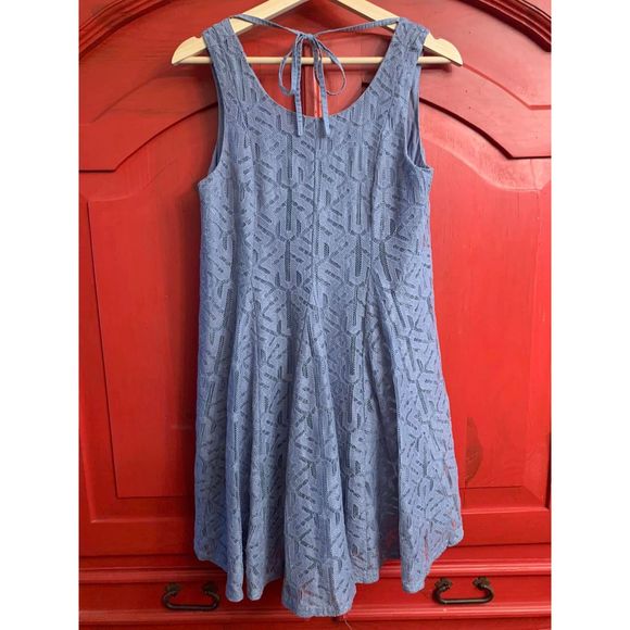 Doe & Ray Size Large Dusty Blue Lace Overlay Mini Dress Swingy Full Skirt EUC - Picture 1 of 4